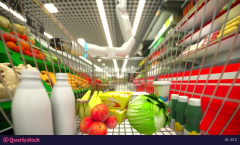 Hand robot buys food and puts them in the basket. 4k photo 612