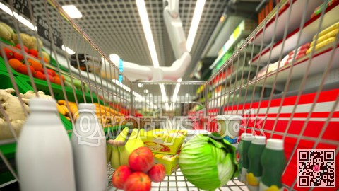 Hand robot buys food and puts them in the basket. 4k