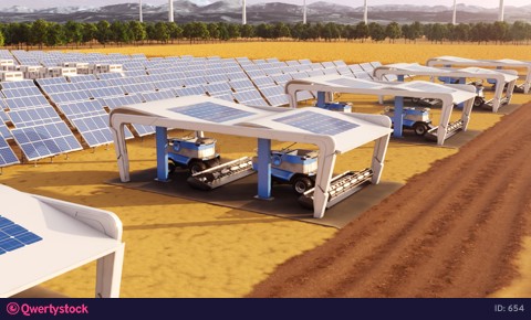Futuristic harvesters working on field with solar panels and windmills in the background 4K video 654