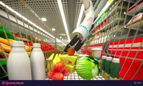 Hand robot buys food and puts them in the basket. 4k photo 613