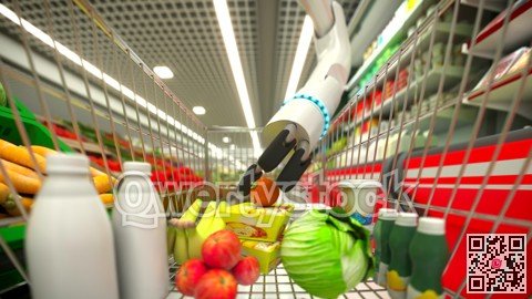 Hand robot buys food and puts them in the basket. 4k